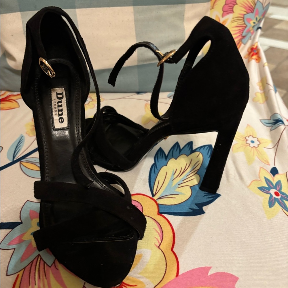 Dune London Black Suede Cross-Strap Block Heels with Gold Buckle